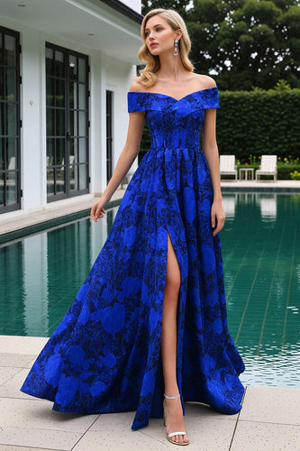 Royal Blue Off the Shoulder Floral Long Prom Dress with Slit