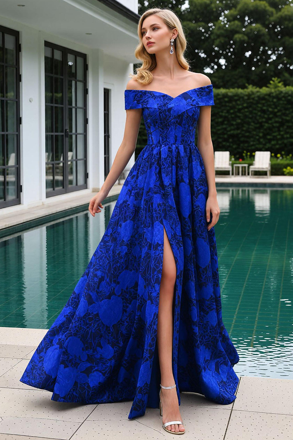 Royal Blue Off the Shoulder Floral Long Prom Dress with Slit