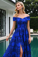 Load image into Gallery viewer, Royal Blue Off the Shoulder Floral Long Prom Dress with Slit