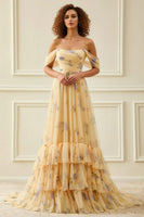 Load image into Gallery viewer, Yellow Floral Off the Shoulder Ruffled Long Prom Dress