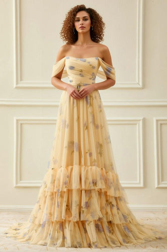 Yellow Floral Off the Shoulder Ruffled Long Prom Dress