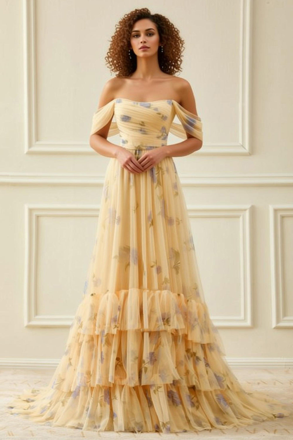 Yellow Floral Off the Shoulder Ruffled Long Prom Dress