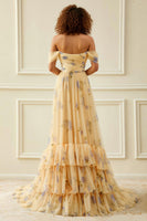 Load image into Gallery viewer, Yellow Floral Off the Shoulder Ruffled Long Prom Dress