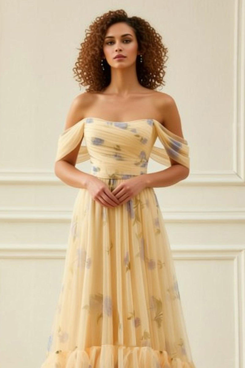 Load image into Gallery viewer, Yellow Floral Off the Shoulder Ruffled Long Prom Dress