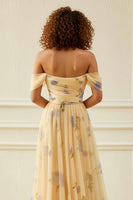 Load image into Gallery viewer, Yellow Floral Off the Shoulder Ruffled Long Prom Dress