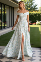 Load image into Gallery viewer, Blue and White Floral Off the Shoulder Long Prom Dress with Slit