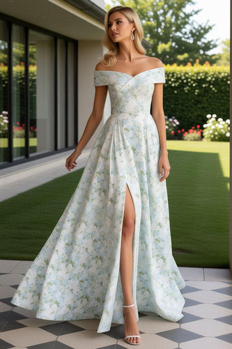 Blue and White Floral Off the Shoulder Long Prom Dress with Slit
