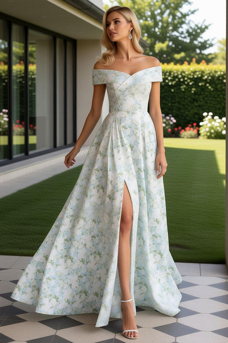 Load image into Gallery viewer, Blue and White Floral Off the Shoulder Long Prom Dress with Slit