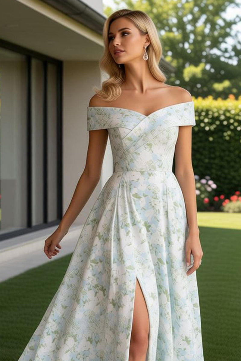 Load image into Gallery viewer, Blue and White Floral Off the Shoulder Long Prom Dress with Slit