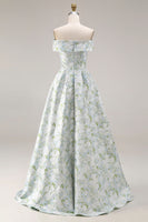 Load image into Gallery viewer, Blue and White Floral Off the Shoulder Long Prom Dress with Slit