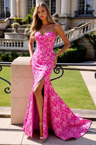 Fuchsia Floral Strapless Mermaid Long Prom Dress with Slit