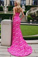 Load image into Gallery viewer, Fuchsia Floral Strapless Mermaid Long Prom Dress with Slit