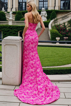 Fuchsia Floral Strapless Mermaid Long Prom Dress with Slit