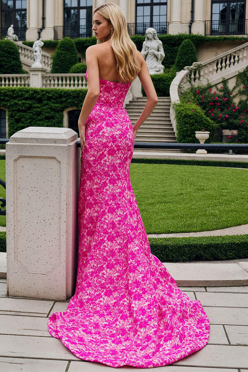 Load image into Gallery viewer, Fuchsia Floral Strapless Mermaid Long Prom Dress with Slit