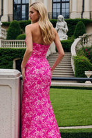 Load image into Gallery viewer, Fuchsia Floral Strapless Mermaid Long Prom Dress with Slit