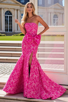 Load image into Gallery viewer, Fuchsia Floral Mermaid Long Prom Dress with Bow