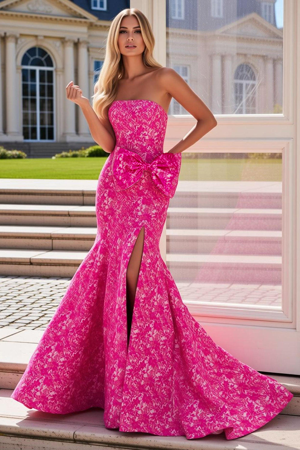 Fuchsia Floral Mermaid Long Prom Dress with Bow