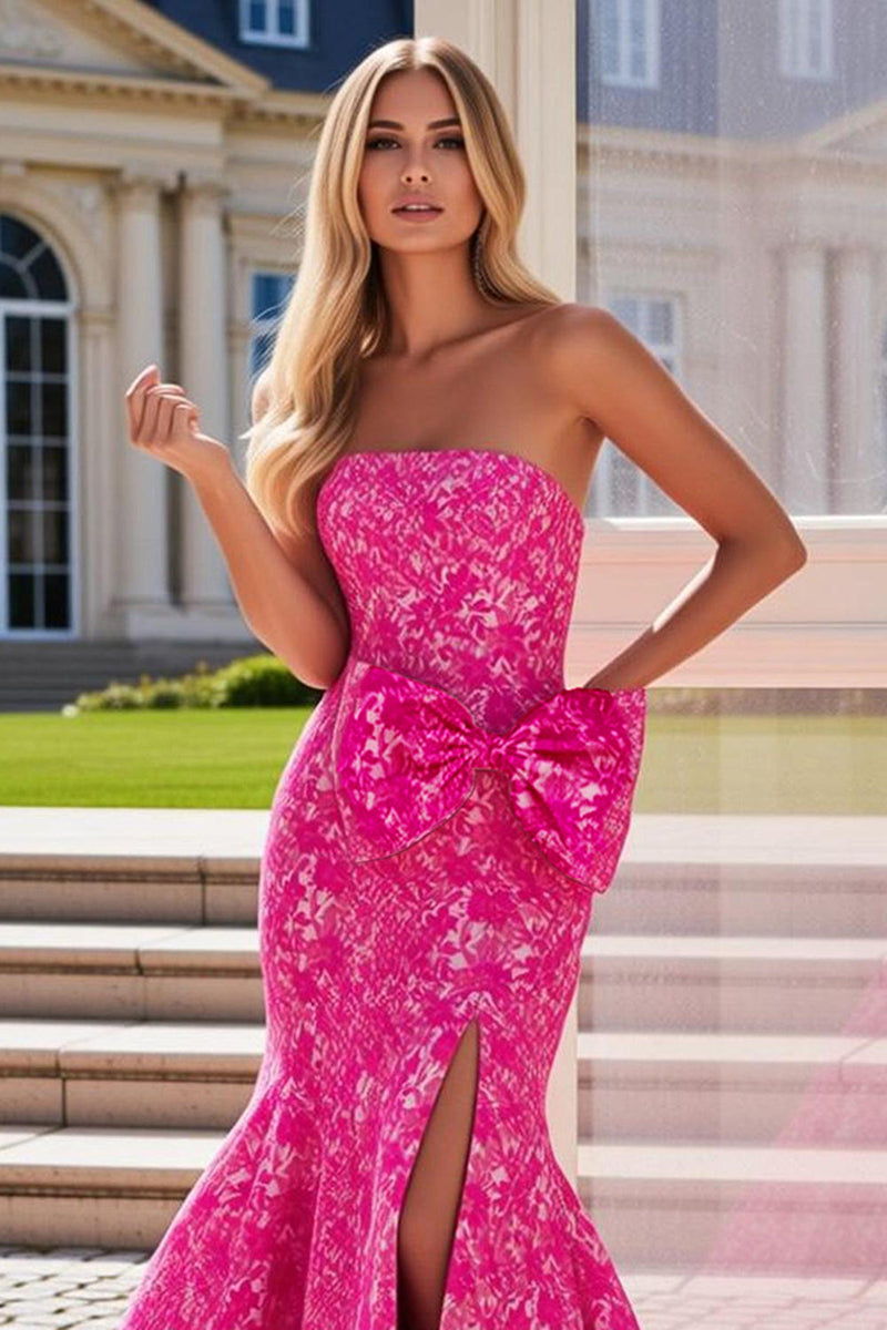 Load image into Gallery viewer, Fuchsia Floral Mermaid Long Prom Dress with Bow