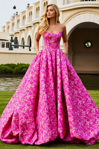 Fuchsia Floral A Line Strapless Long Corset Prom Dress