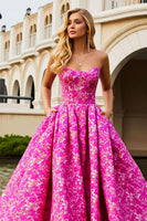 Load image into Gallery viewer, Fuchsia Floral A Line Strapless Long Corset Prom Dress