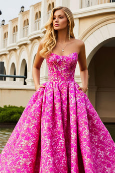 Fuchsia Floral A Line Strapless Long Corset Prom Dress