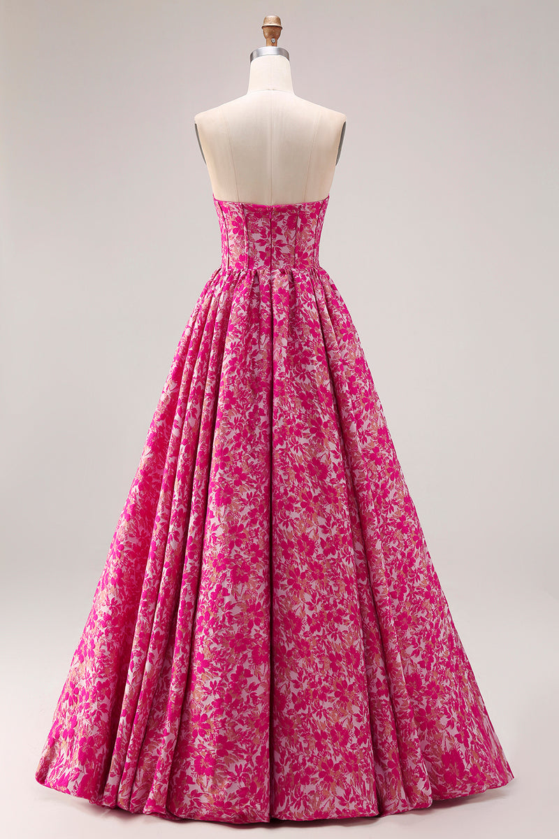 Load image into Gallery viewer, Fuchsia Floral A Line Strapless Long Corset Prom Dress
