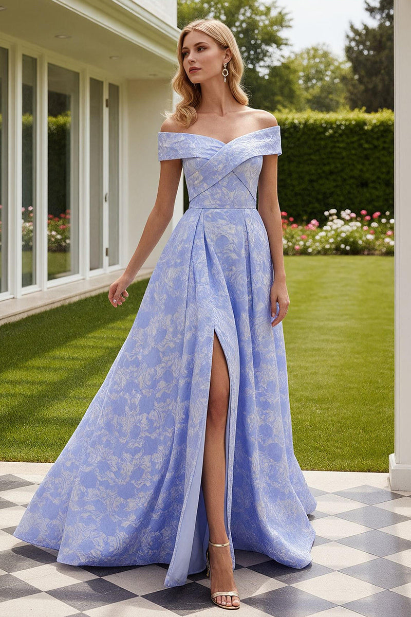 Load image into Gallery viewer, Light Blue Floral Off the Shoulder Long Prom Dress with Slit