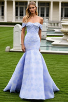 Load image into Gallery viewer, Light Blue Floral Off the Shoulder Long Mermaid Prom Dress