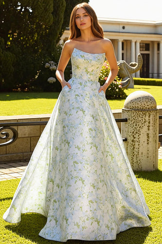 Blue and White Flower Strapless A-Line Long Prom Dress