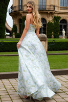 Load image into Gallery viewer, Blue and White Flower Strapless A-Line Long Prom Dress