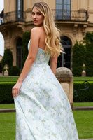 Load image into Gallery viewer, Blue and White Flower Strapless A-Line Long Prom Dress