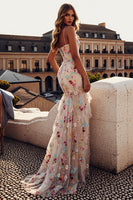 Load image into Gallery viewer, Tiered Ivory Flower Mermaid Ruffled Long Corset Prom Dress with Slit