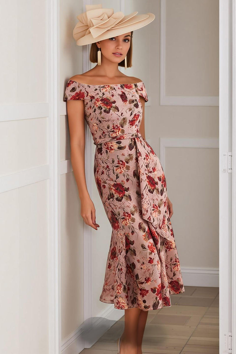 Load image into Gallery viewer, Dusty Rose Off the Shoulder Floral Midi Mermaid Mother of the Bride Dress