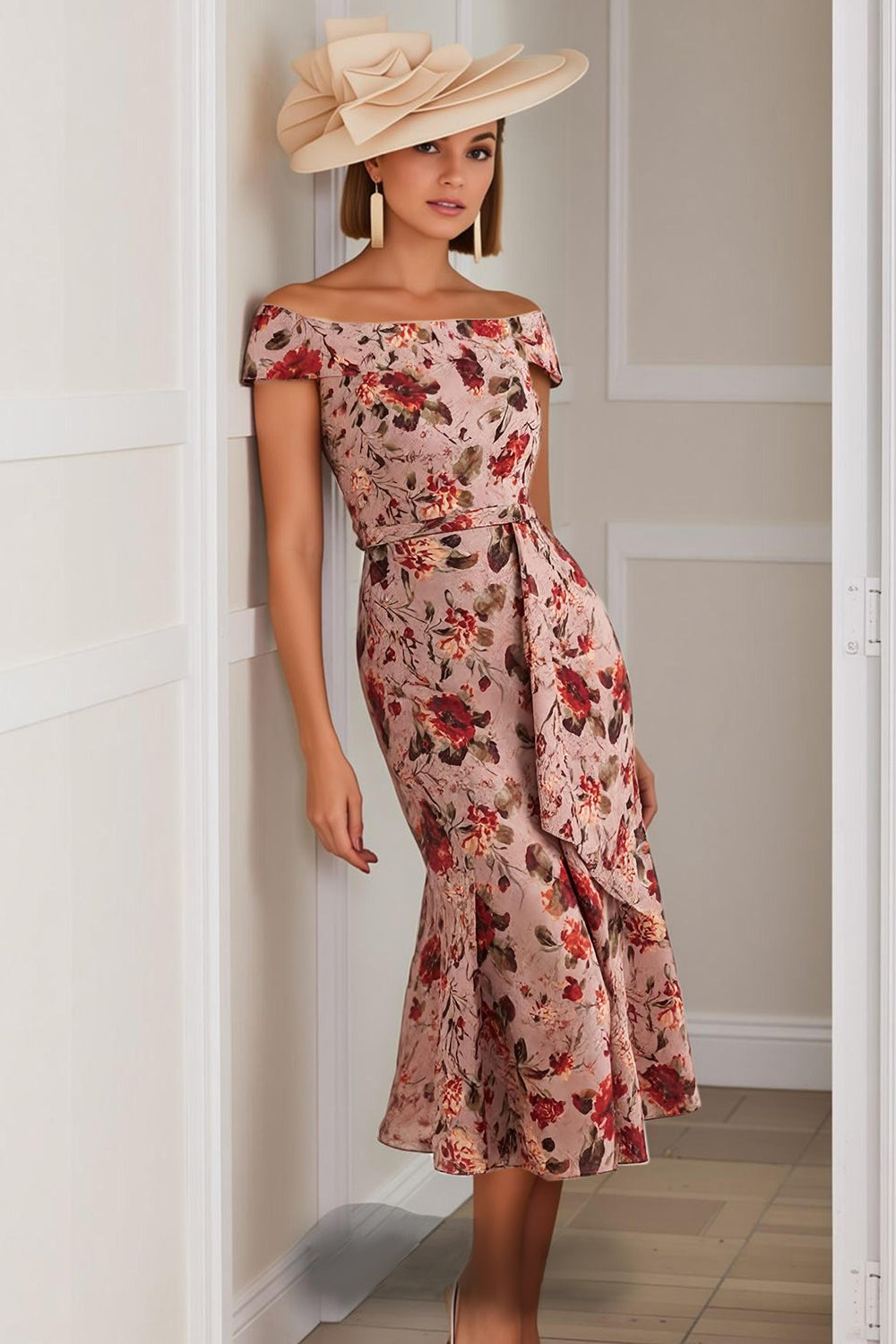 Dusty Rose Off the Shoulder Floral Midi Mermaid Mother of the Bride Dress