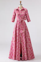 Load image into Gallery viewer, Fuchsia Lapel Neck Floral Long Mother of the Bride Dress with Bow