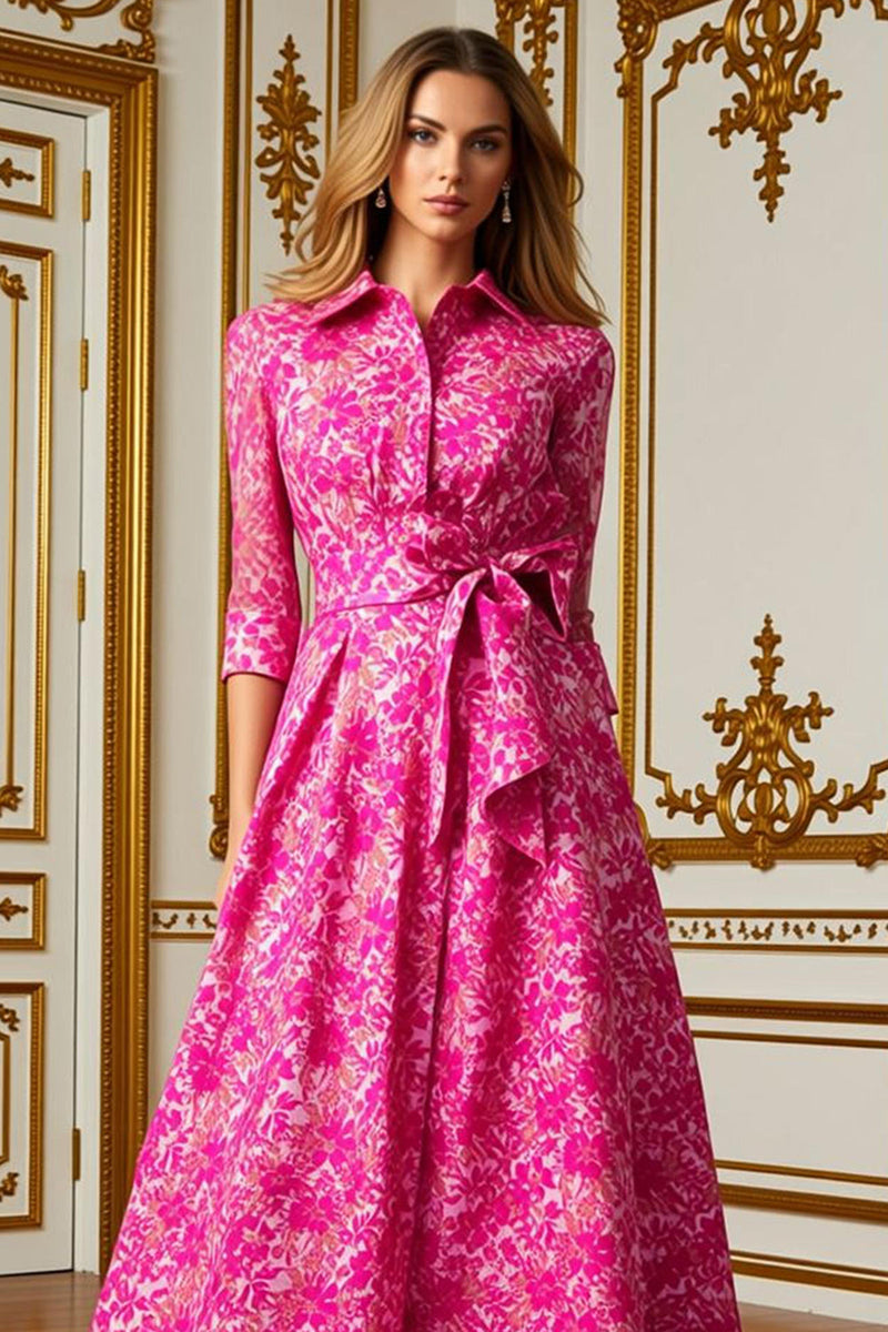 Load image into Gallery viewer, Fuchsia Lapel Neck Floral Long Mother of the Bride Dress with Bow
