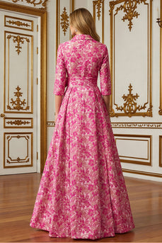 Fuchsia Lapel Neck Floral Long Mother of the Bride Dress with Bow