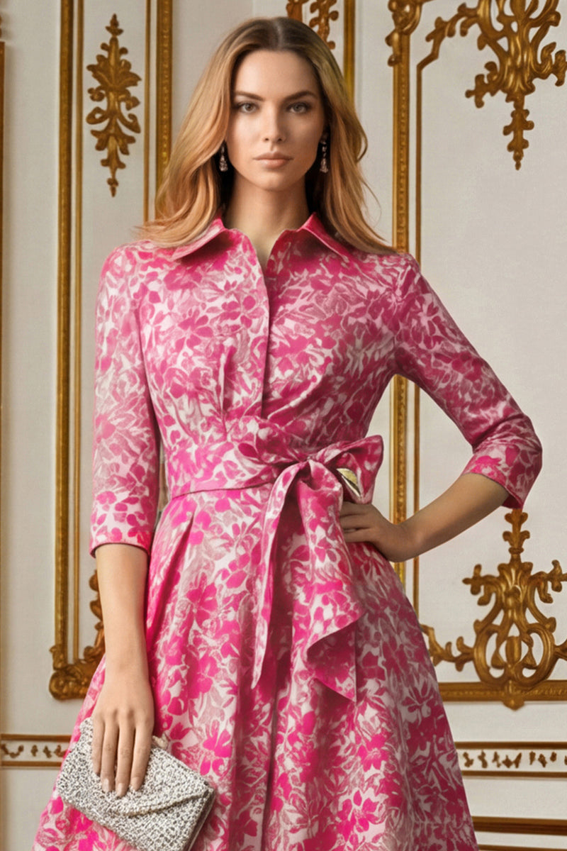 Load image into Gallery viewer, Fuchsia Lapel Neck Floral Long Mother of the Bride Dress with Bow