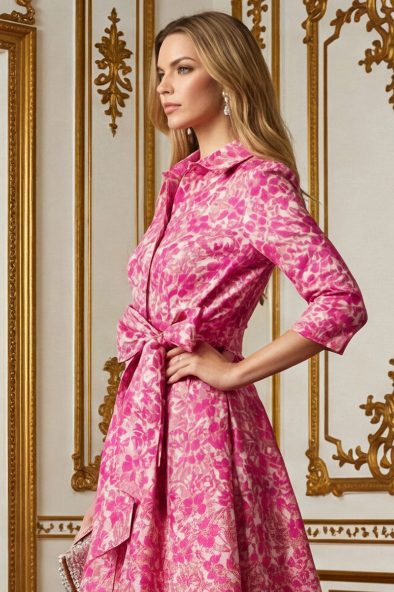 Load image into Gallery viewer, Fuchsia Lapel Neck Floral Long Mother of the Bride Dress with Bow