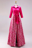 Load image into Gallery viewer, Fuchsia Floral Lapel Neck A Line Long Mother of the Bride Dress with Bow
