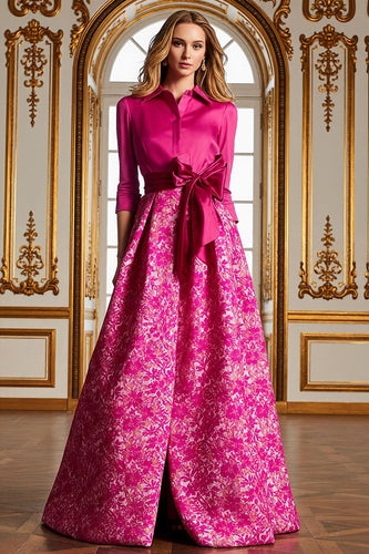 Fuchsia Floral A Line Long Lapel Neck Mother of the Bride Dress with Slit