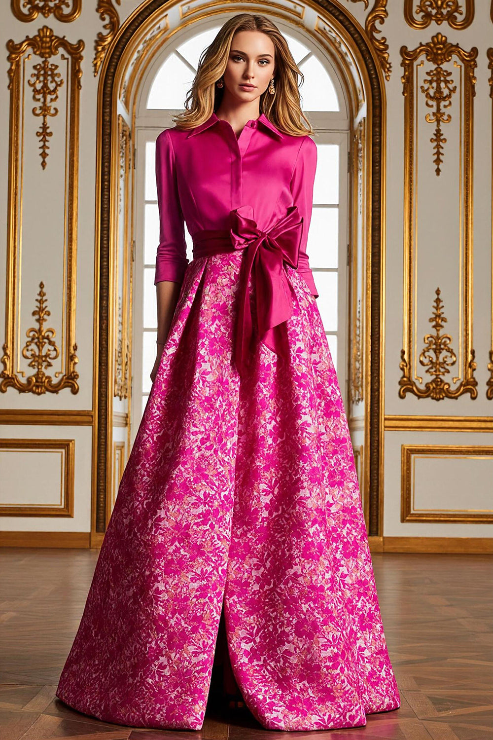 Fuchsia Floral A Line Long Lapel Neck Mother of the Bride Dress with Slit