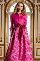 Load image into Gallery viewer, Fuchsia Floral A Line Long Lapel Neck Mother of the Bride Dress with Slit