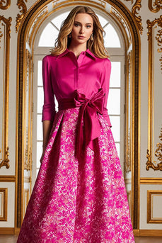 Fuchsia Floral A Line Long Lapel Neck Mother of the Bride Dress with Slit