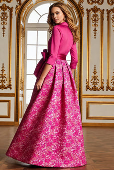 Fuchsia Floral Lapel Neck A Line Long Mother of the Bride Dress with Bow