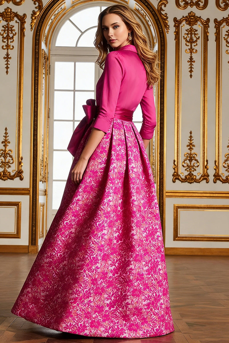 Load image into Gallery viewer, Fuchsia Floral Lapel Neck A Line Long Mother of the Bride Dress with Bow
