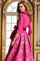 Load image into Gallery viewer, Fuchsia Floral Lapel Neck A Line Long Mother of the Bride Dress with Bow