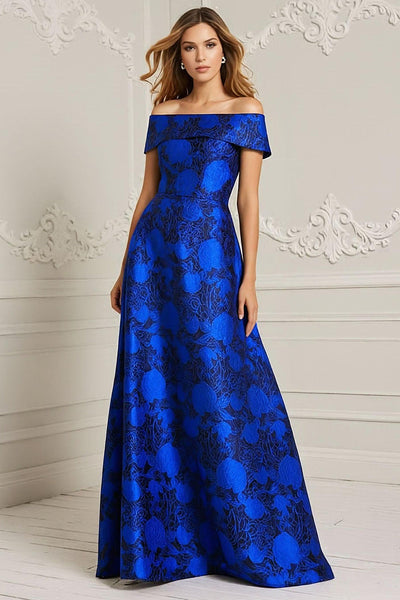 Royal Blue Off the Shoulder Floral Long Mother of the Bride Dress