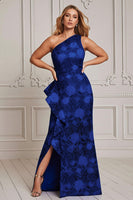 Load image into Gallery viewer, Royal Blue Ruffled Floral Long Mermaid Mother of the Bride Dress with Slit
