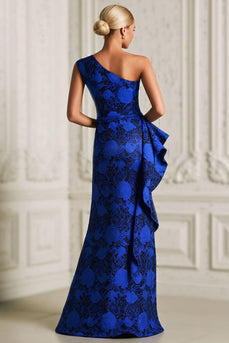 Royal Blue Ruffled Floral Long Mermaid Mother of the Bride Dress with Slit